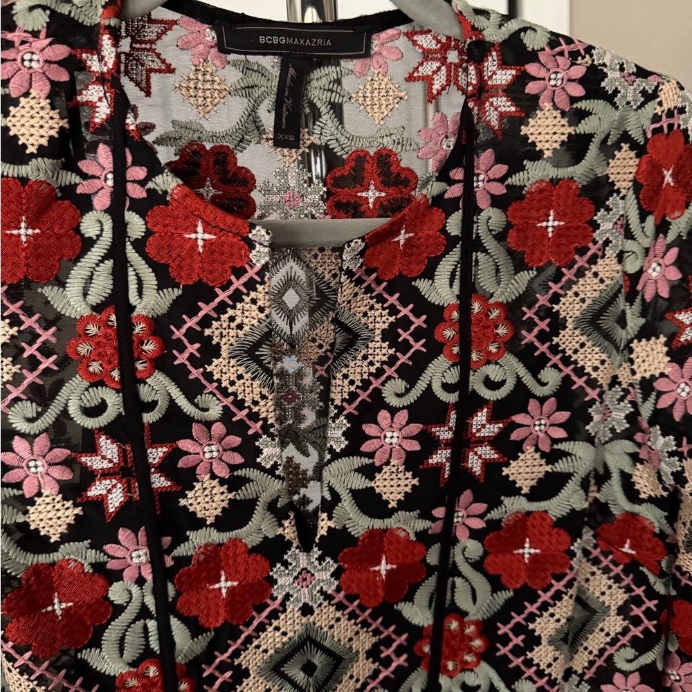 BCBGMaxAzria Black Embroidered Top with Red & Pink Accents